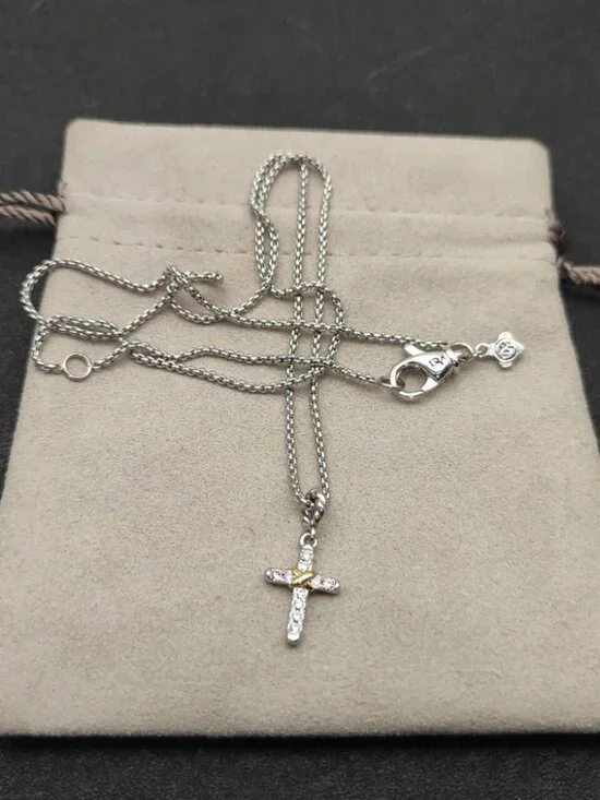 David Yurman 925 Silver & Gold Pave Diamond Cross Necklace with Original Pouch - Picture 2 of 5